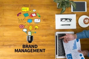 brand management businessman working office desk using computer objects coffee top view copy space 77524311